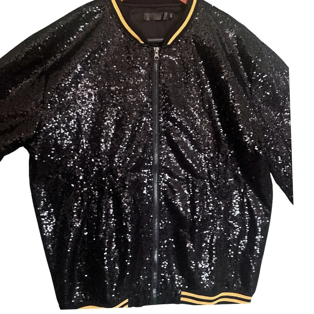 Mens XXL Black Sequin Varsity Bomber Jacket Gold Glitter Striped Party Disco 2XL